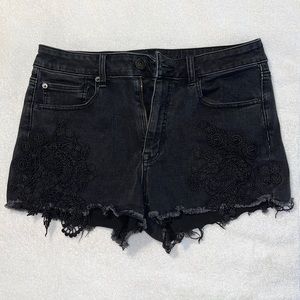 Super Stretch Black Jean Shorts with Lace Detail